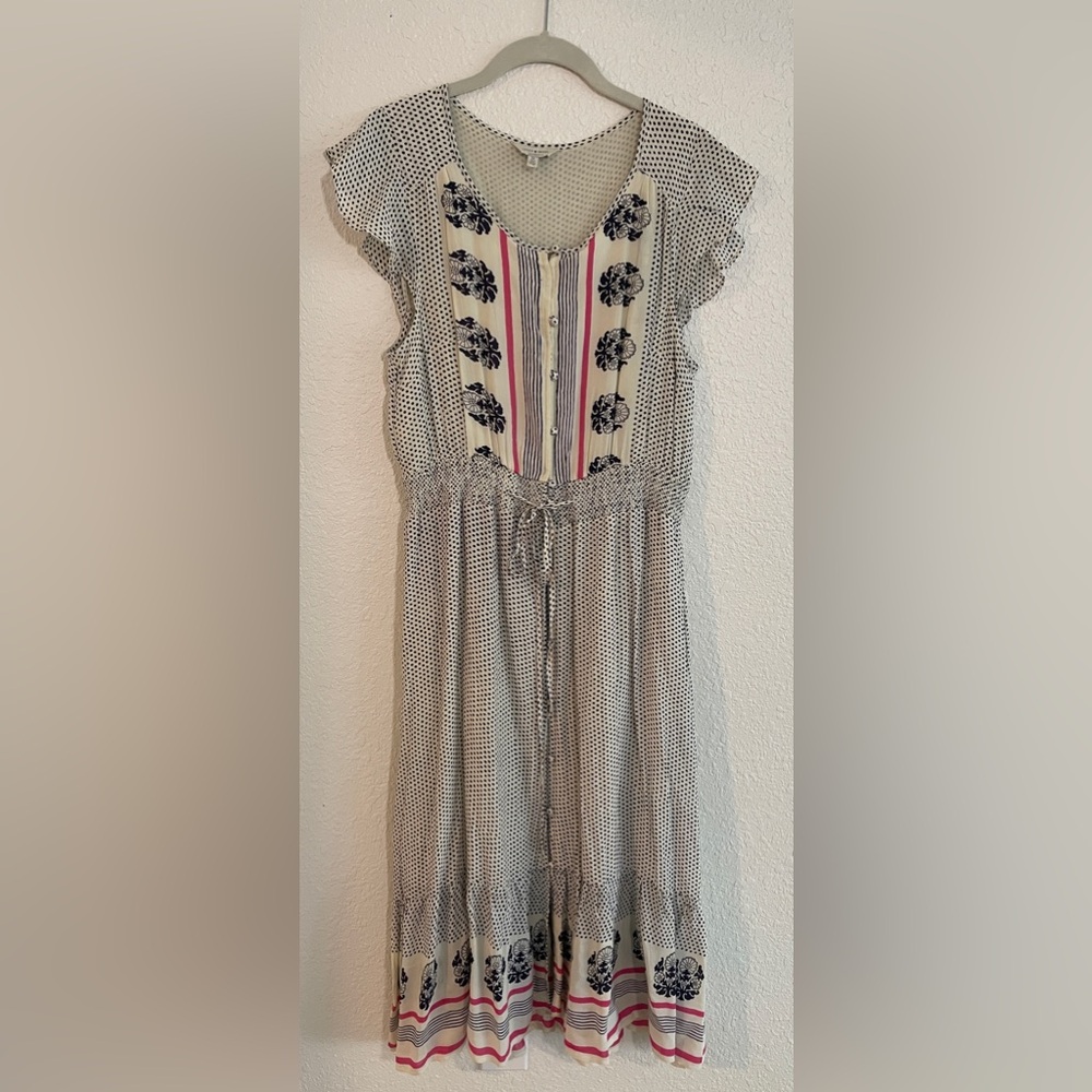 Lucky Brand Ruffle Sleeve, Button Front, Tiered Midi Dress | Size M